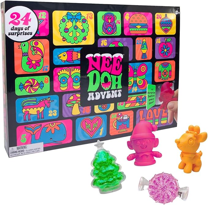 Schylling NeeDoh Advent Calendar - 24 Days of Sensory Surprises - Squishy Toys with Fun Shapes and Textures - Ages 3 and Up - Color May Vary; 24 NeeDoh Toys in One Calendar